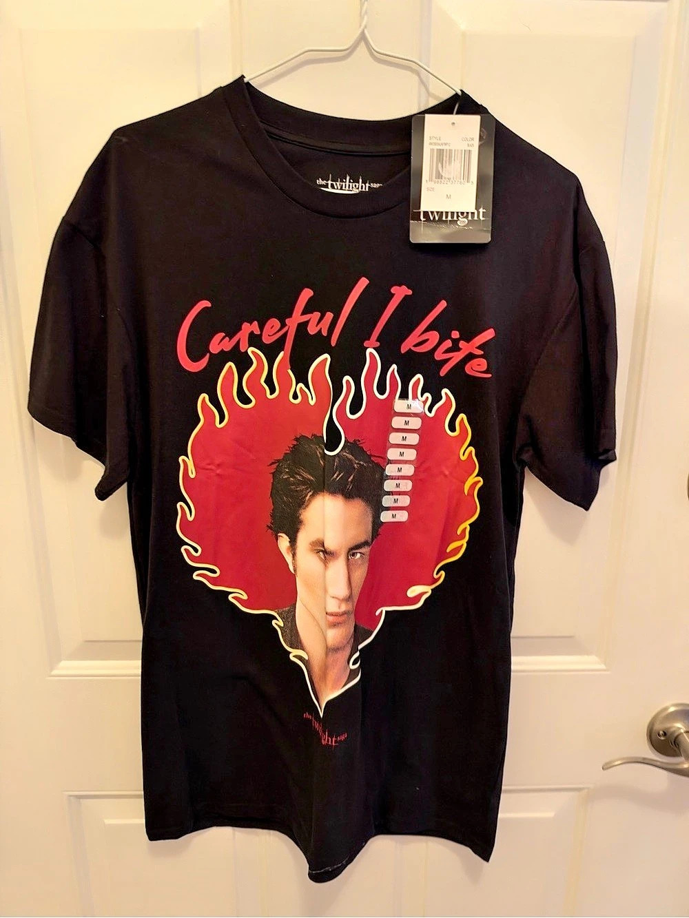 Twilight Saga Edward Heart Careful I Bite T-Shirt Black & Red Medium